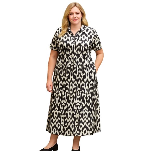 Talbots Black & White Ikat Print Button-Front Midi Dress Size 16 - Picture 1 of 5